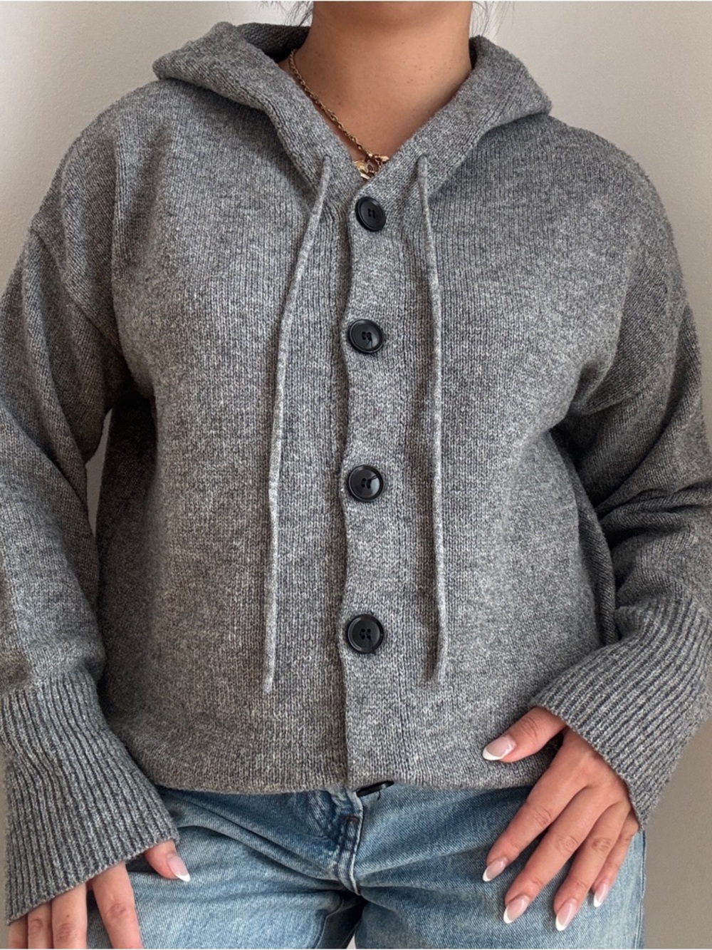 Cozy Gray Hooded Button-Front Women's Cardigan